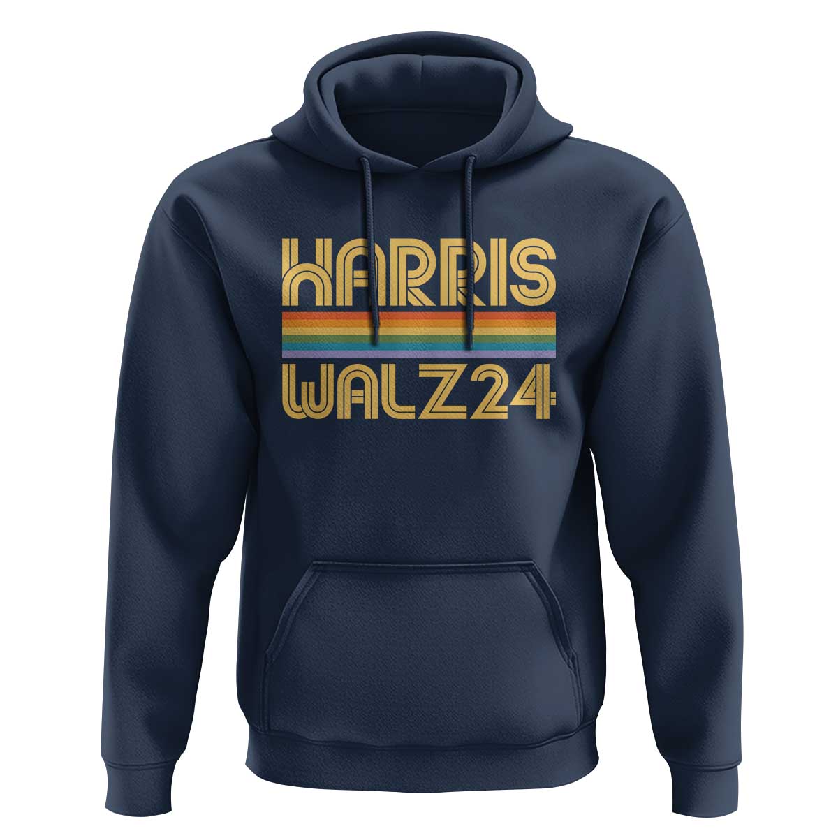 Harris Walz'24 Hoodie Retro Rainbow Stripes LGBT Flag US Presidential Election 2024 - Wonder Print Shop