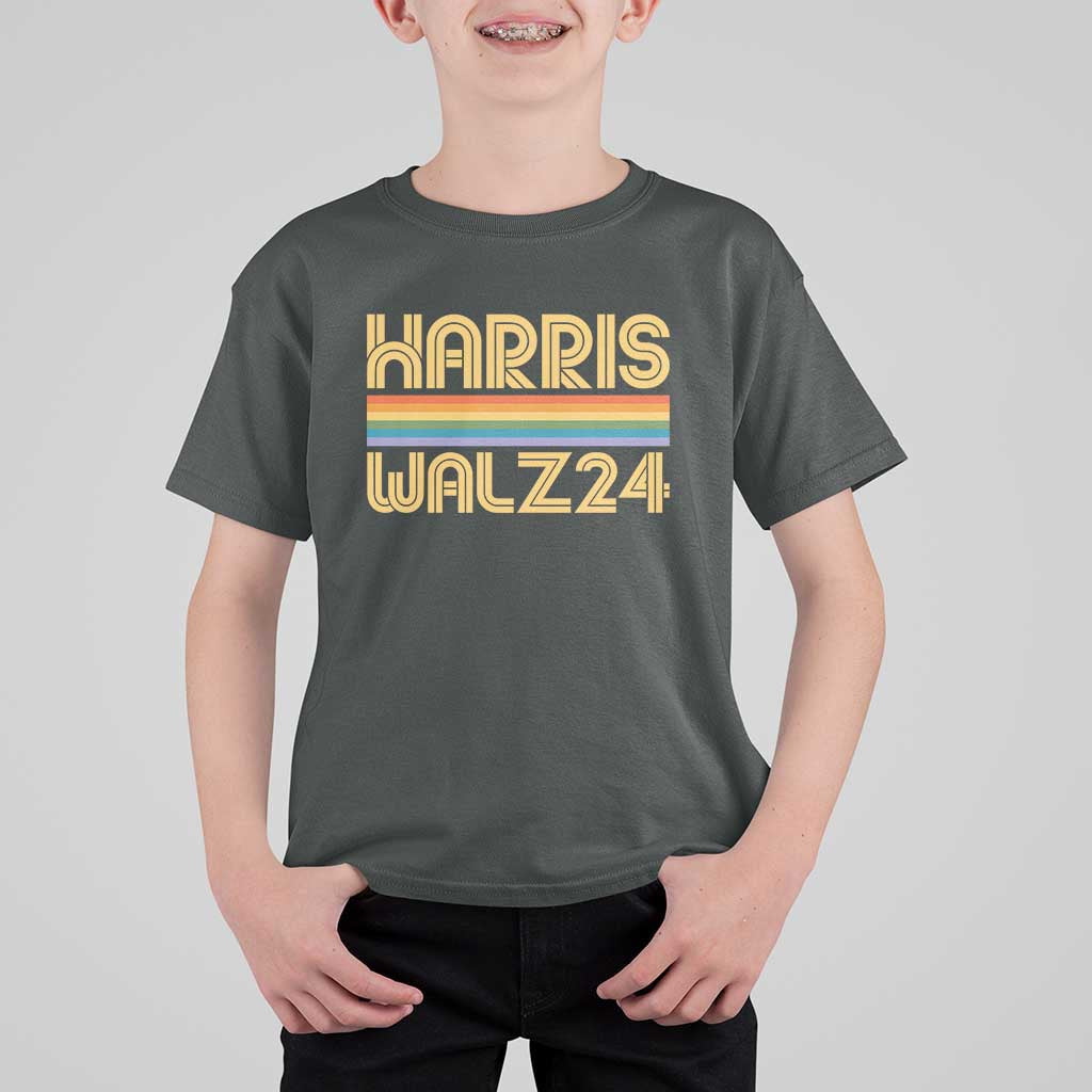 Harris Walz'24 T Shirt For Kid Retro Rainbow Stripes LGBT Flag US Presidential Election 2024 - Wonder Print Shop