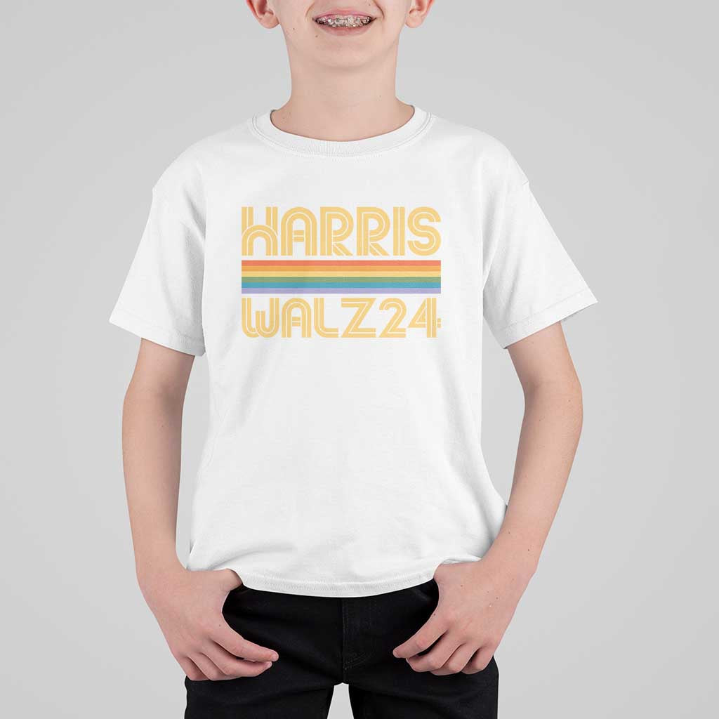 Harris Walz'24 T Shirt For Kid Retro Rainbow Stripes LGBT Flag US Presidential Election 2024 - Wonder Print Shop