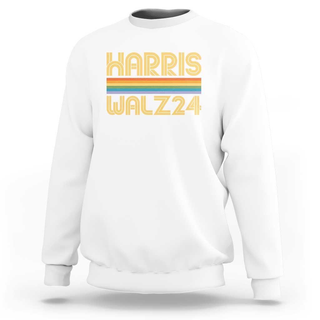 Harris Walz'24 Sweatshirt Retro Rainbow Stripes LGBT Flag US Presidential Election 2024 - Wonder Print Shop