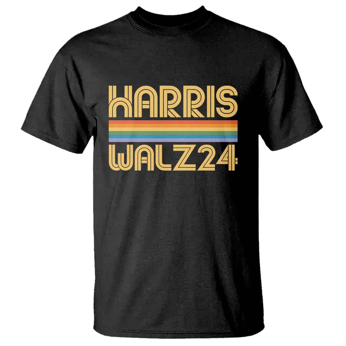 Harris Walz'24 T Shirt Retro Rainbow Stripes LGBT Flag US Presidential Election 2024 - Wonder Print Shop