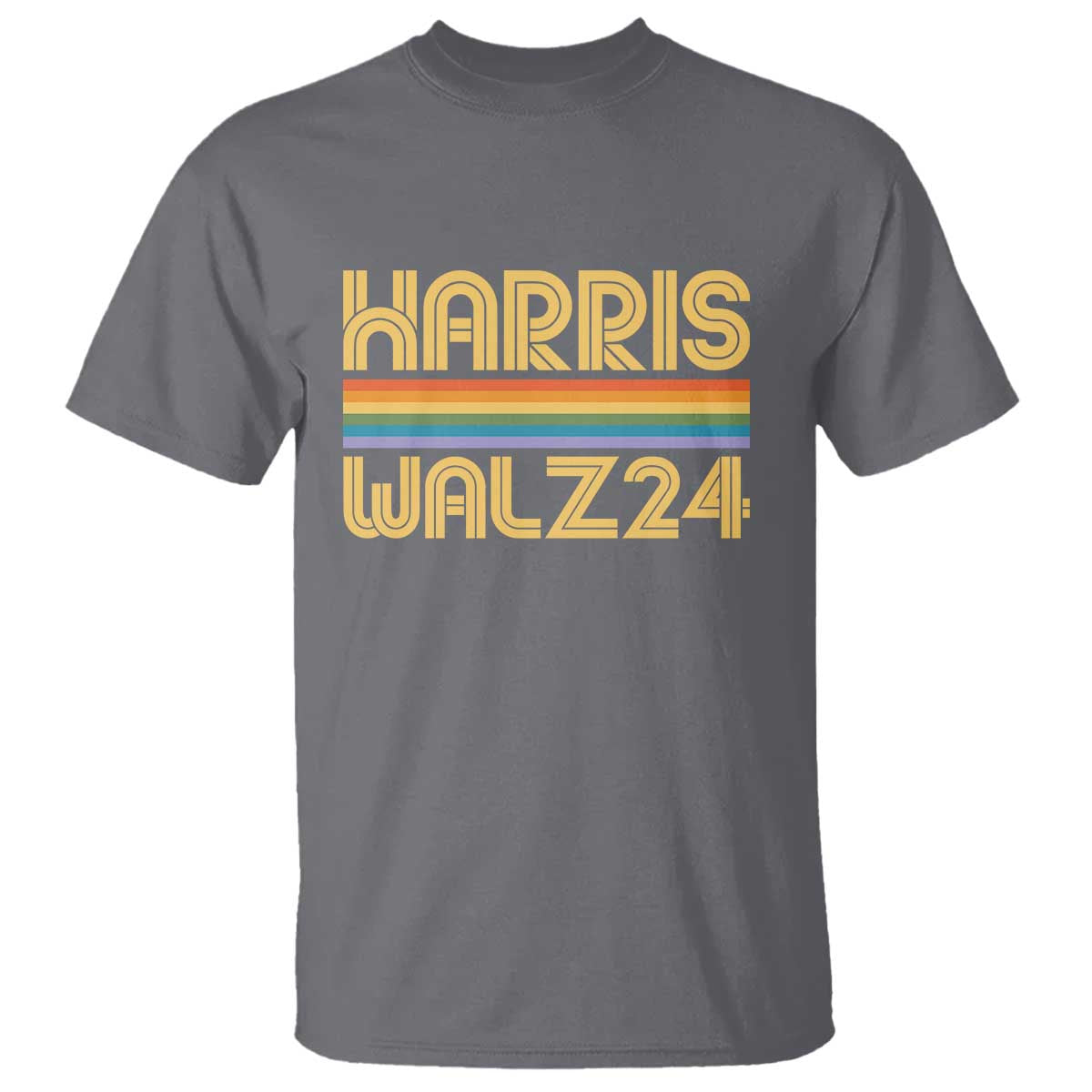 Harris Walz'24 T Shirt Retro Rainbow Stripes LGBT Flag US Presidential Election 2024 - Wonder Print Shop