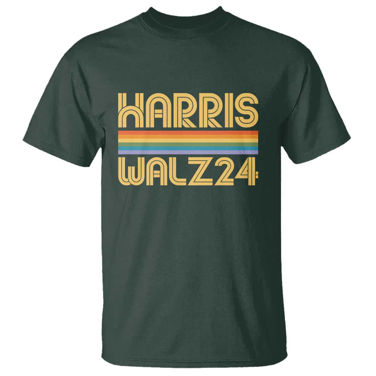 Harris Walz'24 T Shirt Retro Rainbow Stripes LGBT Flag US Presidential Election 2024 - Wonder Print Shop