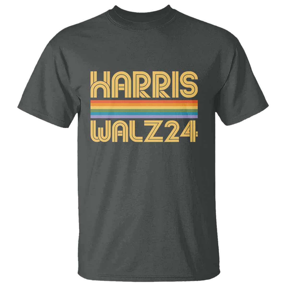 Harris Walz'24 T Shirt Retro Rainbow Stripes LGBT Flag US Presidential Election 2024 - Wonder Print Shop