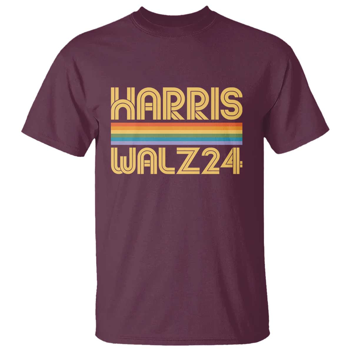 Harris Walz'24 T Shirt Retro Rainbow Stripes LGBT Flag US Presidential Election 2024 - Wonder Print Shop