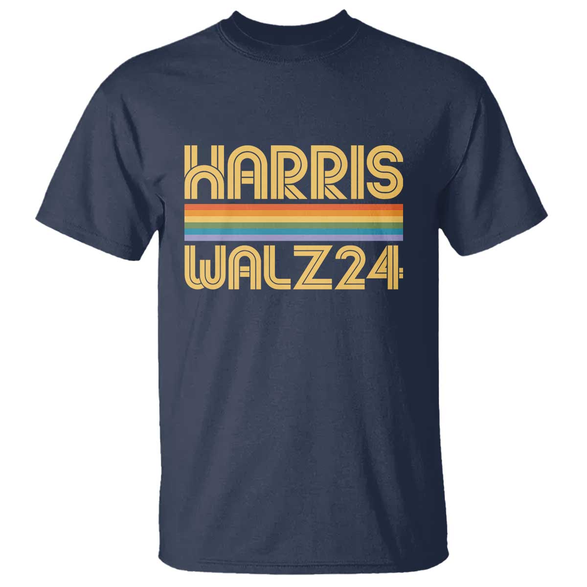 Harris Walz'24 T Shirt Retro Rainbow Stripes LGBT Flag US Presidential Election 2024 - Wonder Print Shop