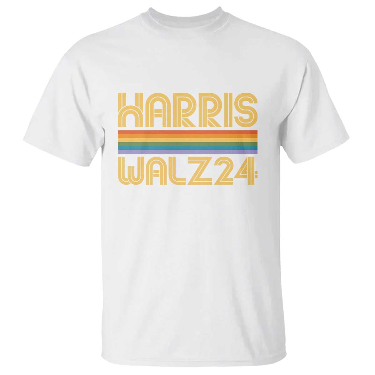 Harris Walz'24 T Shirt Retro Rainbow Stripes LGBT Flag US Presidential Election 2024 - Wonder Print Shop