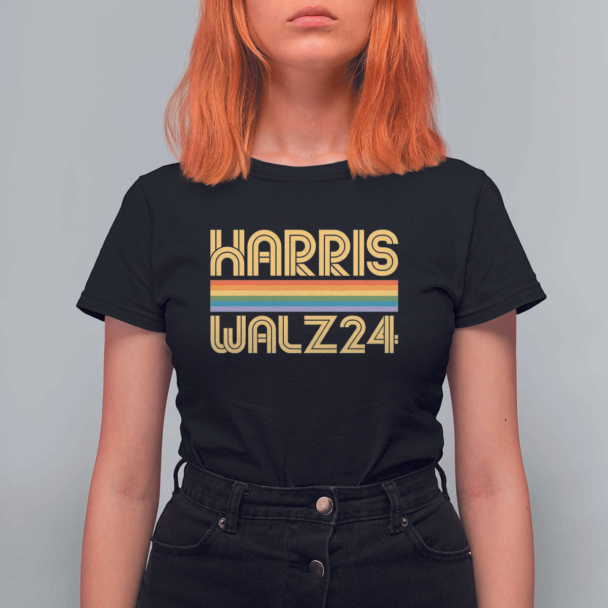 Harris Walz'24 T Shirt For Women Retro Rainbow Stripes LGBT Flag US Presidential Election 2024 - Wonder Print Shop