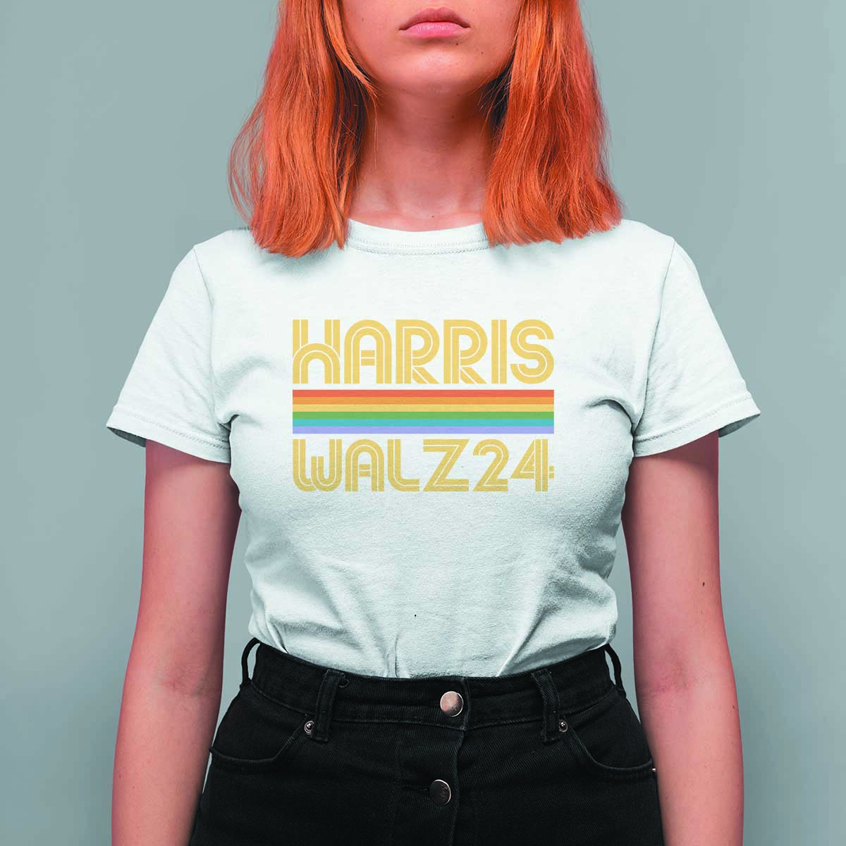 Harris Walz'24 T Shirt For Women Retro Rainbow Stripes LGBT Flag US Presidential Election 2024 - Wonder Print Shop