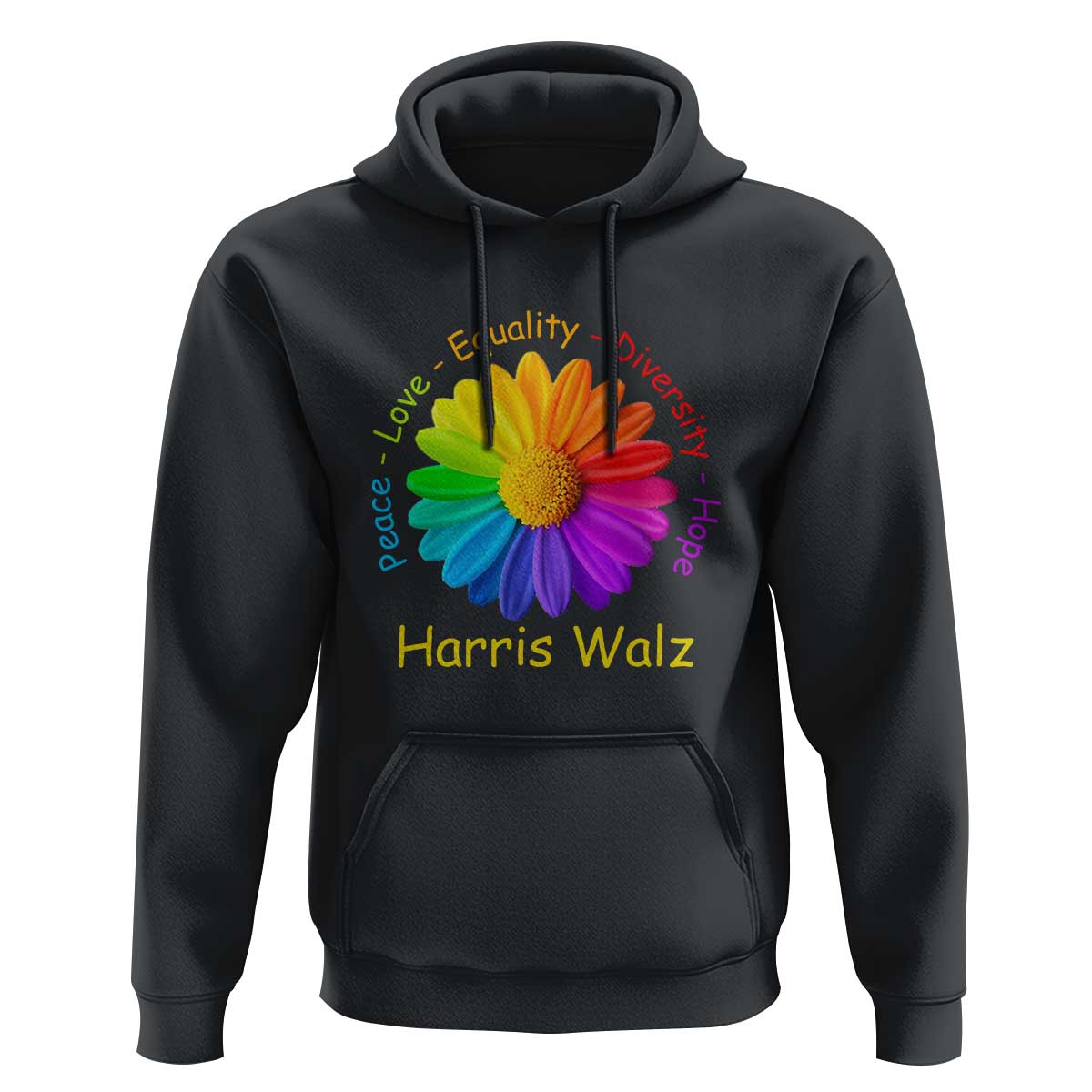 Harris Walz 2024 Hoodie Peace Love Equality Diversity Hope Rainbow Flower - Wonder Print Shop