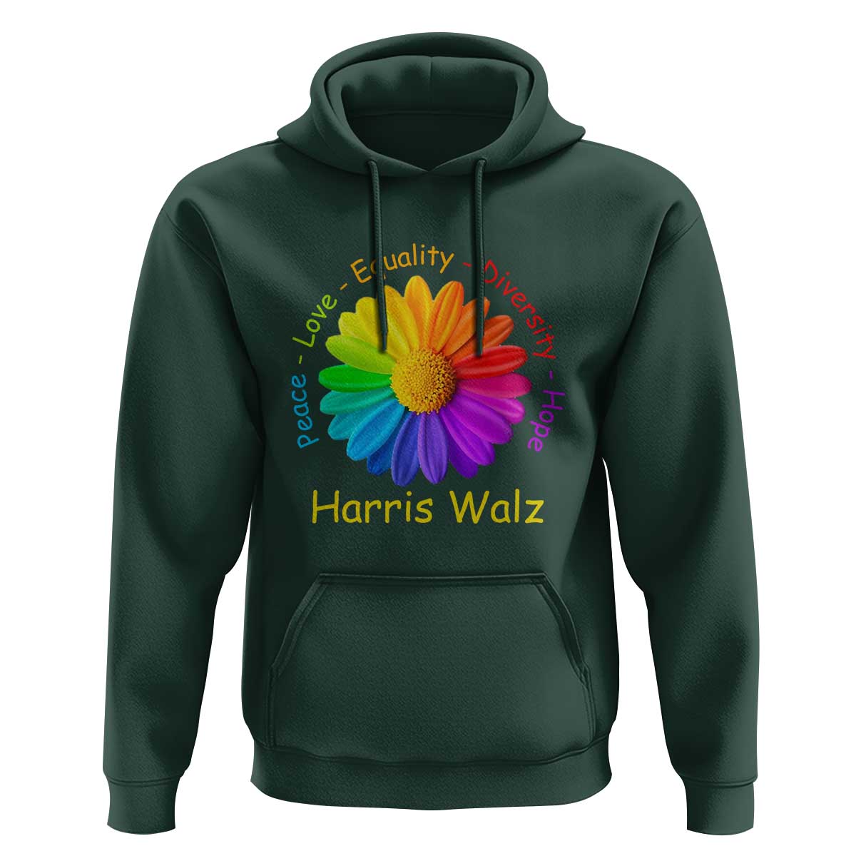 Harris Walz 2024 Hoodie Peace Love Equality Diversity Hope Rainbow Flower - Wonder Print Shop