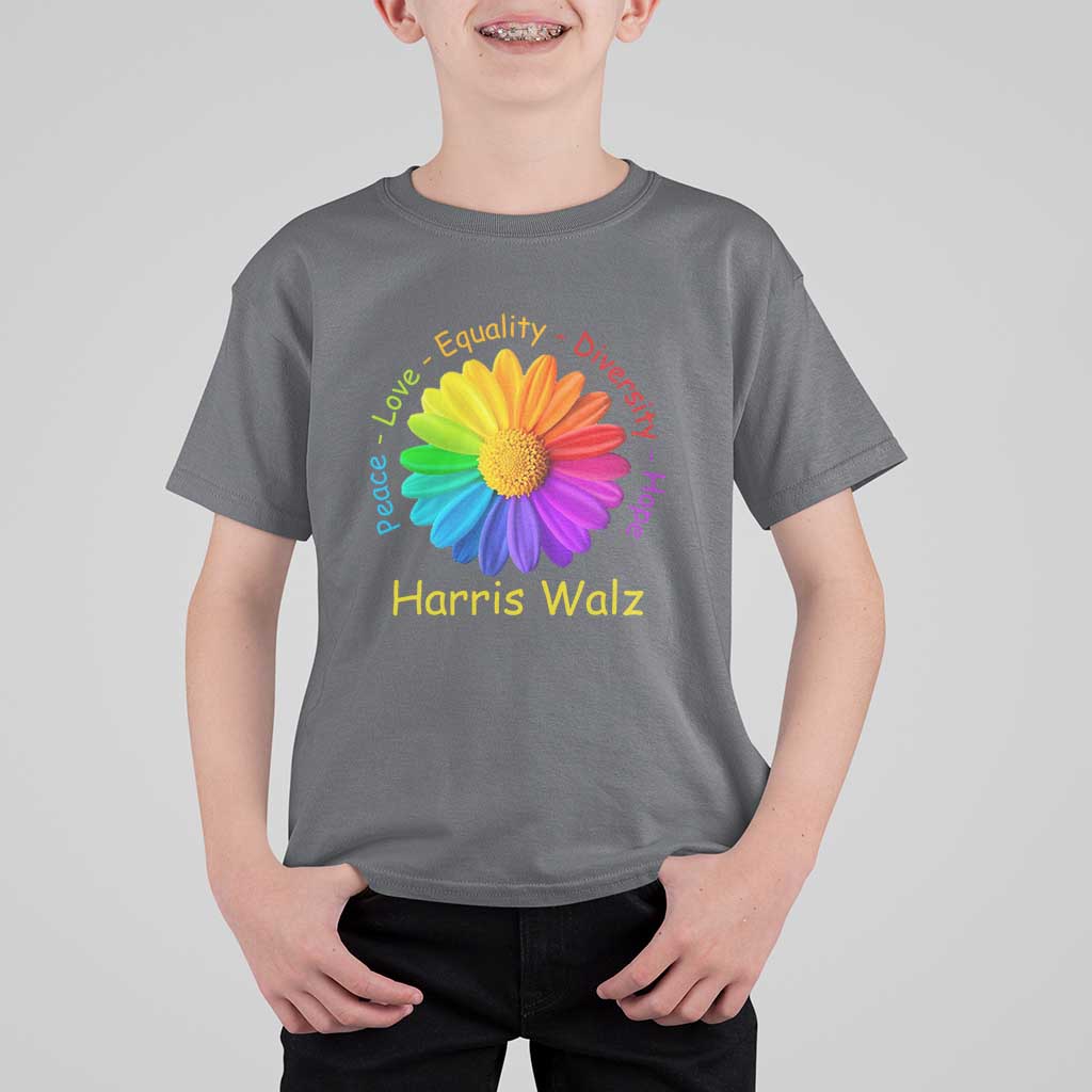 Harris Walz 2024 T Shirt For Kid Peace Love Equality Diversity Hope Rainbow Flower - Wonder Print Shop