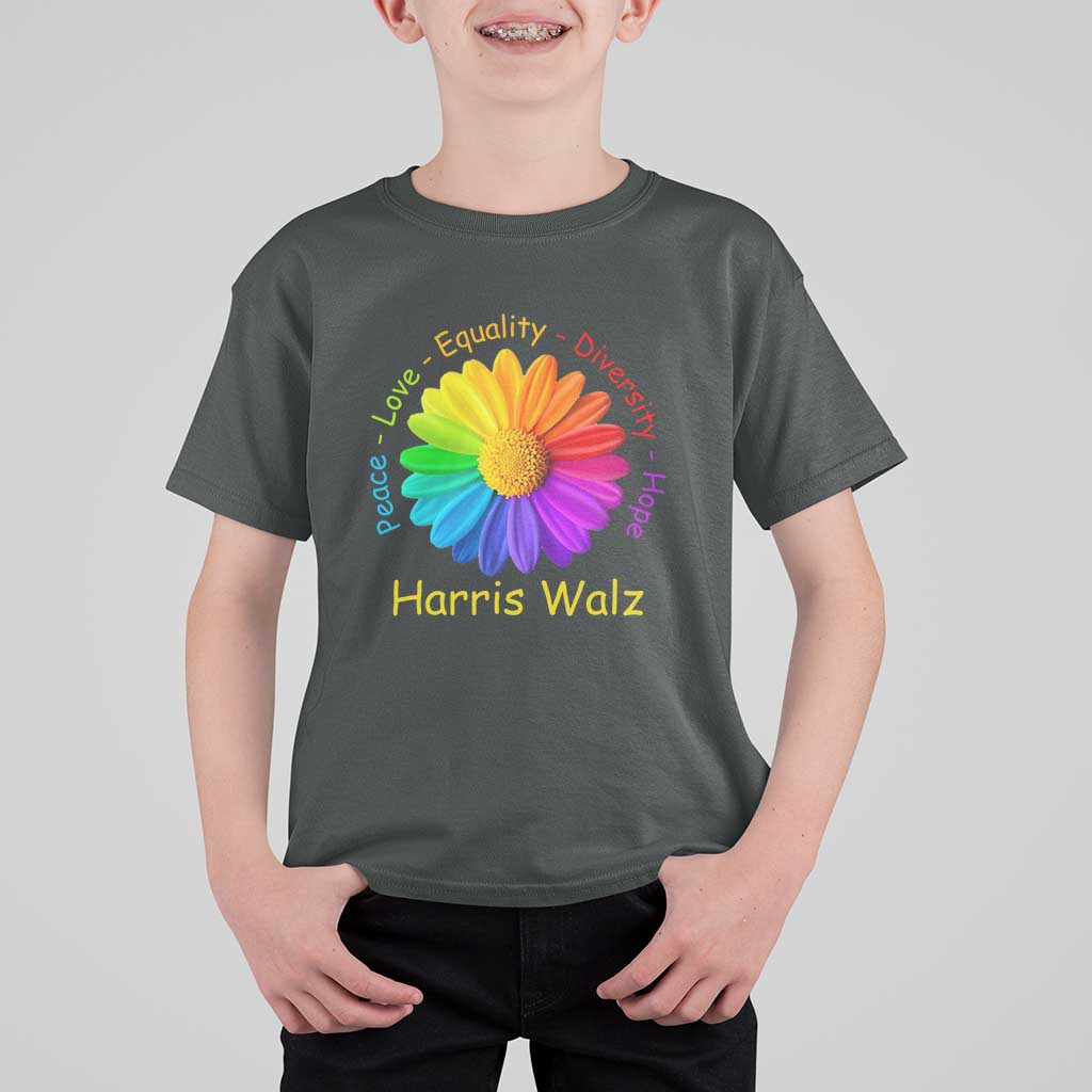 Harris Walz 2024 T Shirt For Kid Peace Love Equality Diversity Hope Rainbow Flower - Wonder Print Shop