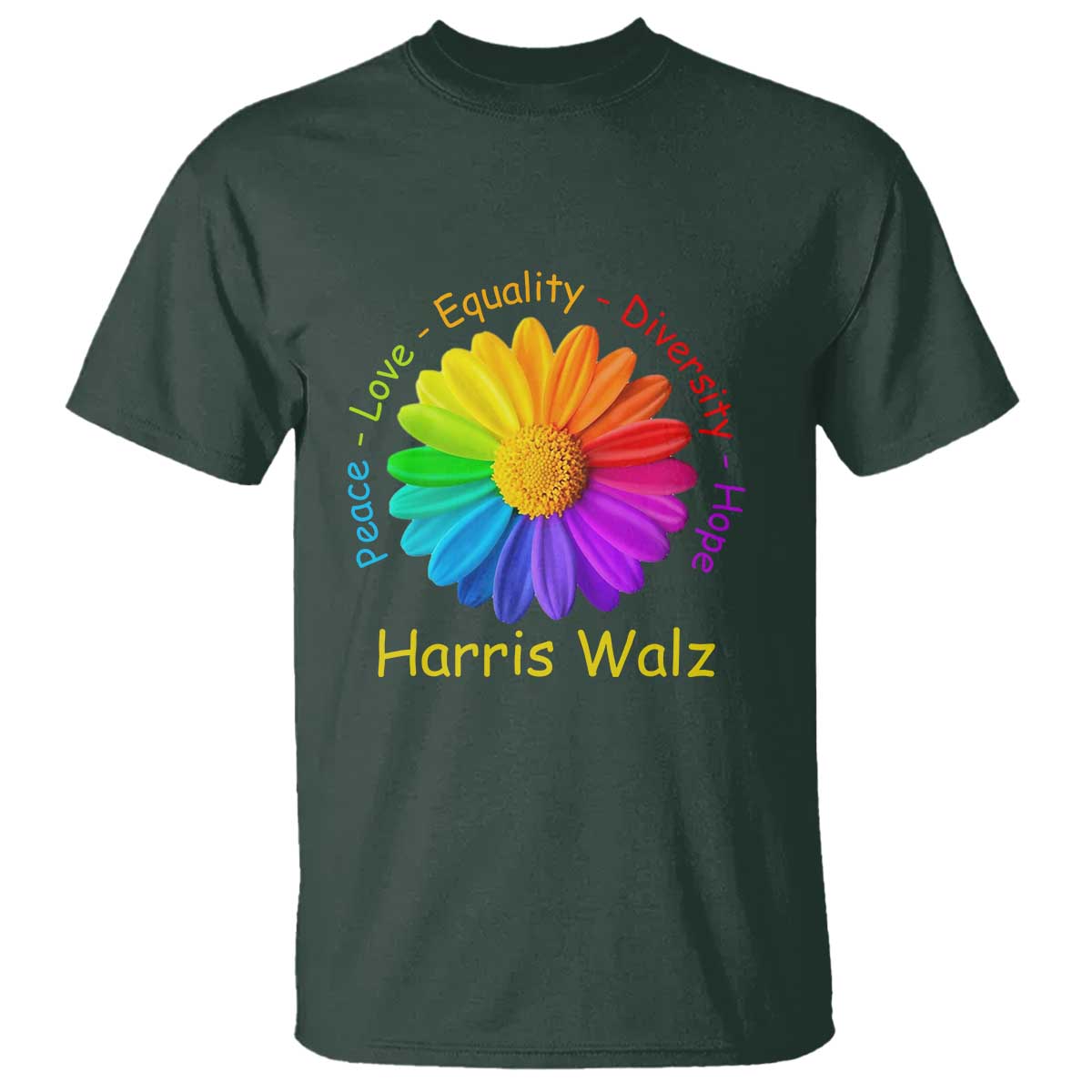 Harris Walz 2024 T Shirt Peace Love Equality Diversity Hope Rainbow Flower - Wonder Print Shop