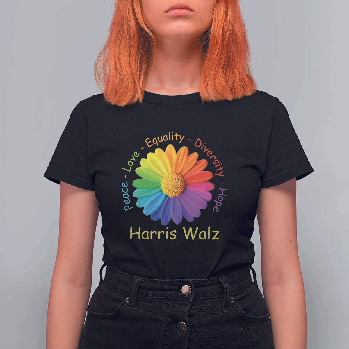 Harris Walz 2024 T Shirt For Women Peace Love Equality Diversity Hope Rainbow Flower - Wonder Print Shop