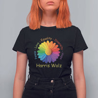 Harris Walz 2024 T Shirt For Women Peace Love Equality Diversity Hope Rainbow Flower - Wonder Print Shop