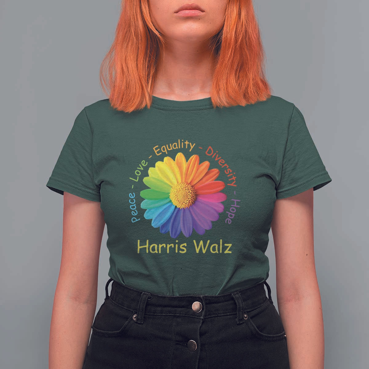 Harris Walz 2024 T Shirt For Women Peace Love Equality Diversity Hope Rainbow Flower - Wonder Print Shop