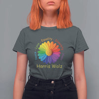 Harris Walz 2024 T Shirt For Women Peace Love Equality Diversity Hope Rainbow Flower - Wonder Print Shop