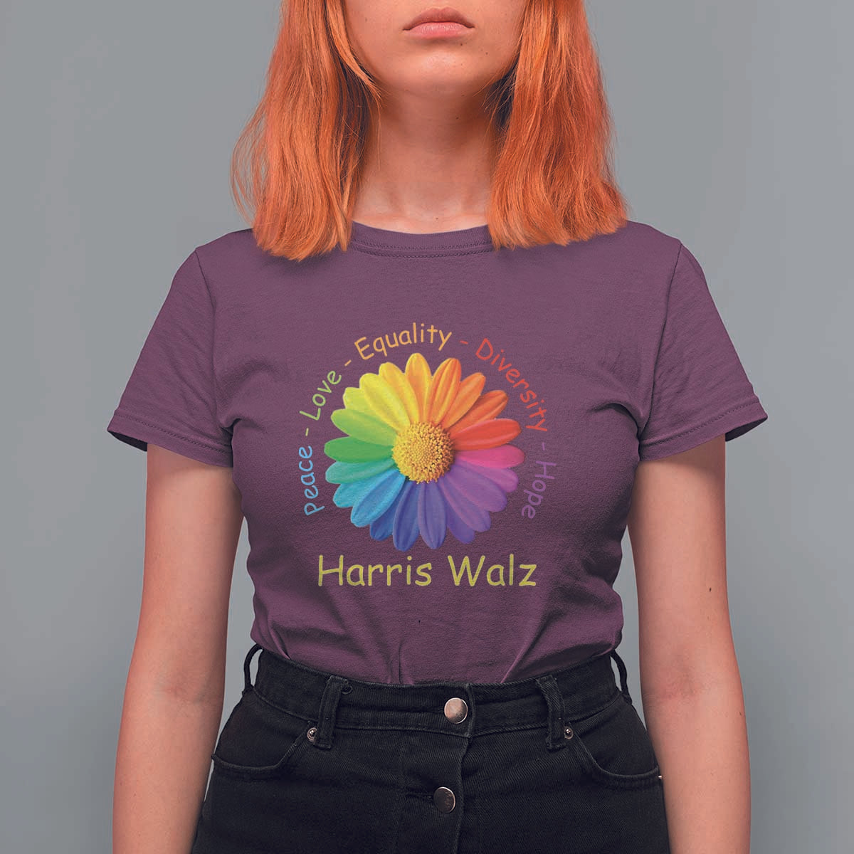 Harris Walz 2024 T Shirt For Women Peace Love Equality Diversity Hope Rainbow Flower - Wonder Print Shop