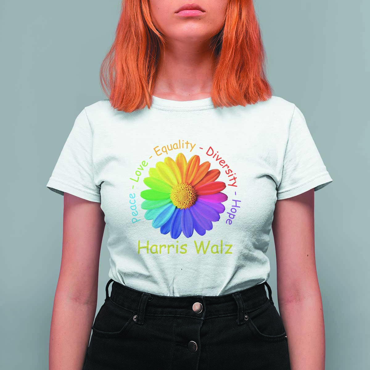Harris Walz 2024 T Shirt For Women Peace Love Equality Diversity Hope Rainbow Flower - Wonder Print Shop