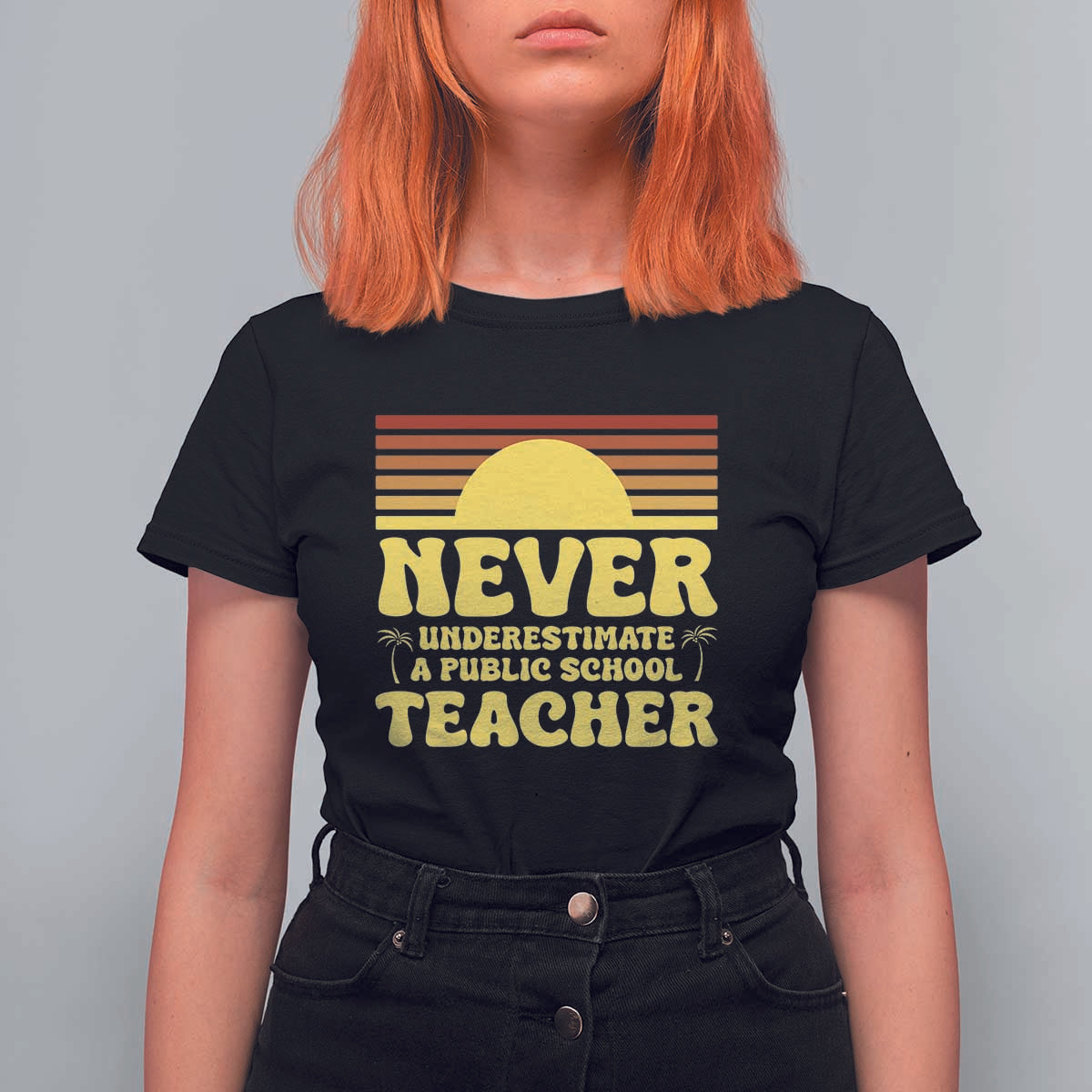 Harris Walz T Shirt For Women Never Underestimate A Public School Teacher Sunshine Coconut Tree - Wonder Print Shop