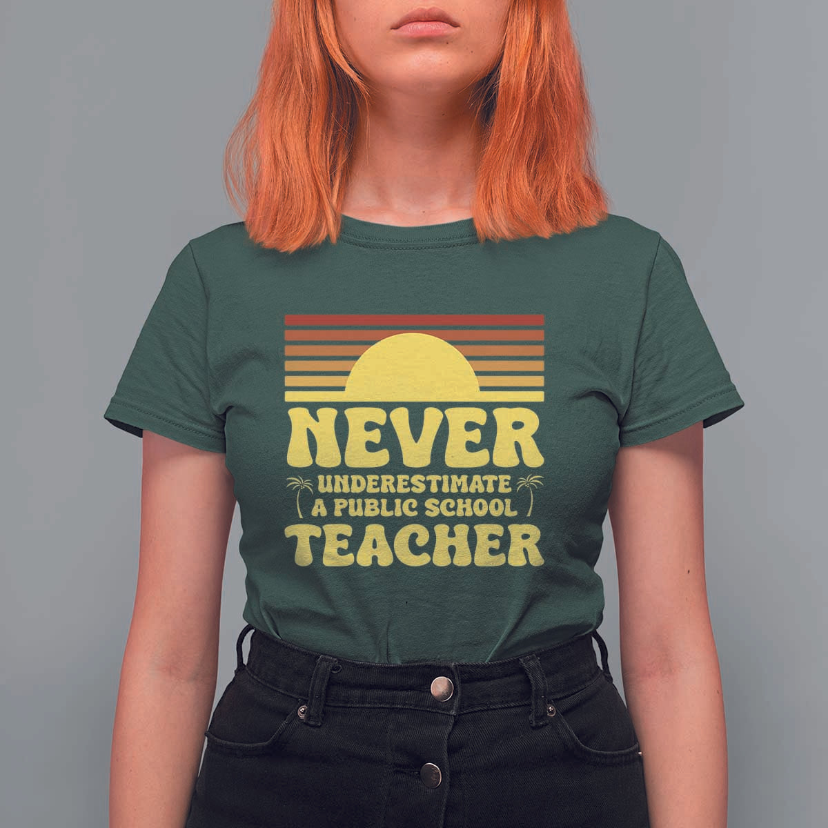 Harris Walz T Shirt For Women Never Underestimate A Public School Teacher Sunshine Coconut Tree - Wonder Print Shop