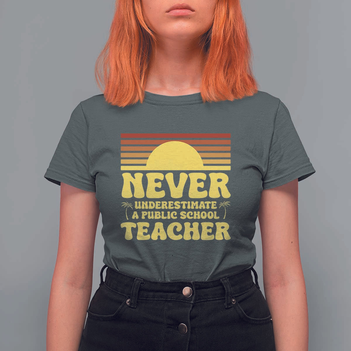 Harris Walz T Shirt For Women Never Underestimate A Public School Teacher Sunshine Coconut Tree - Wonder Print Shop