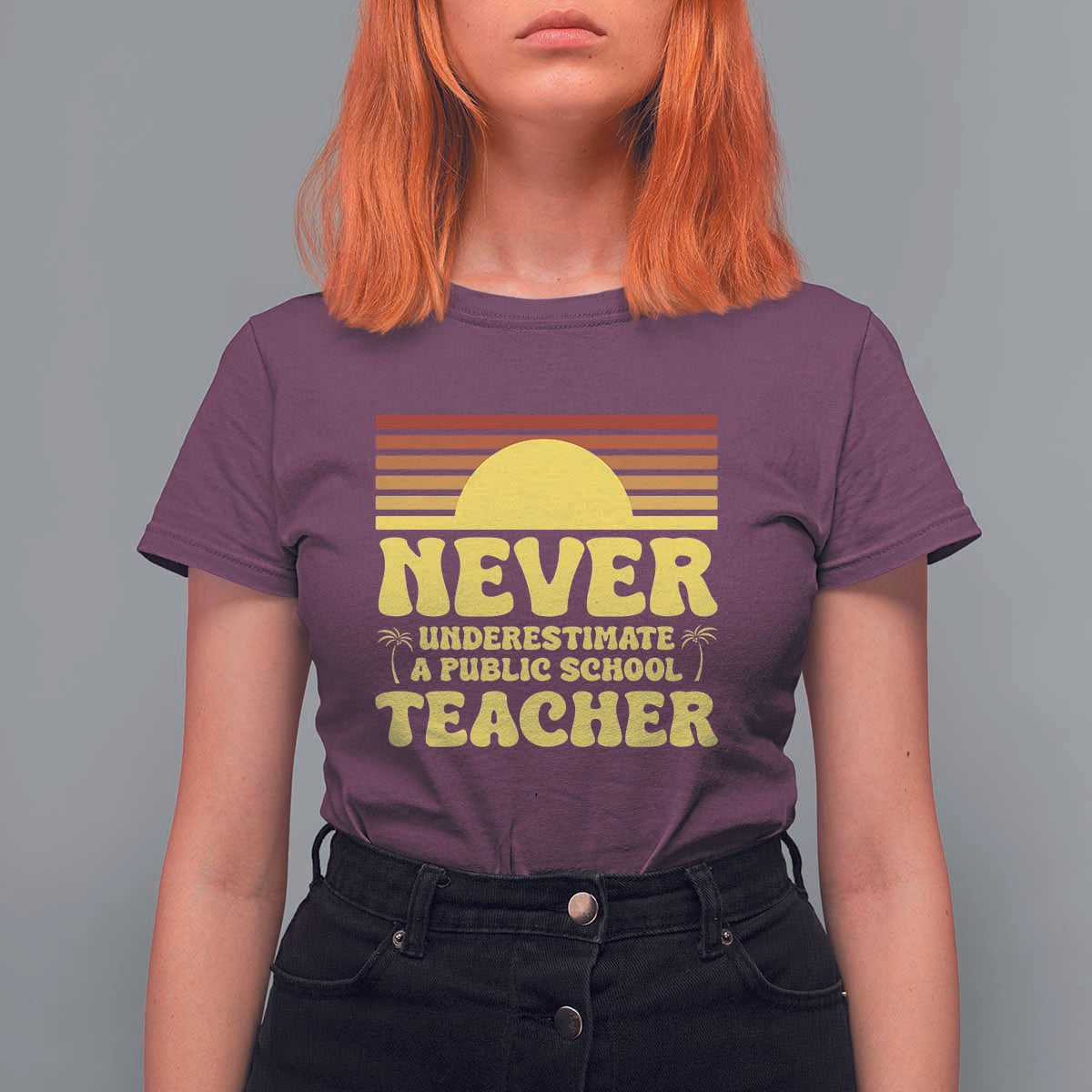 Harris Walz T Shirt For Women Never Underestimate A Public School Teacher Sunshine Coconut Tree - Wonder Print Shop
