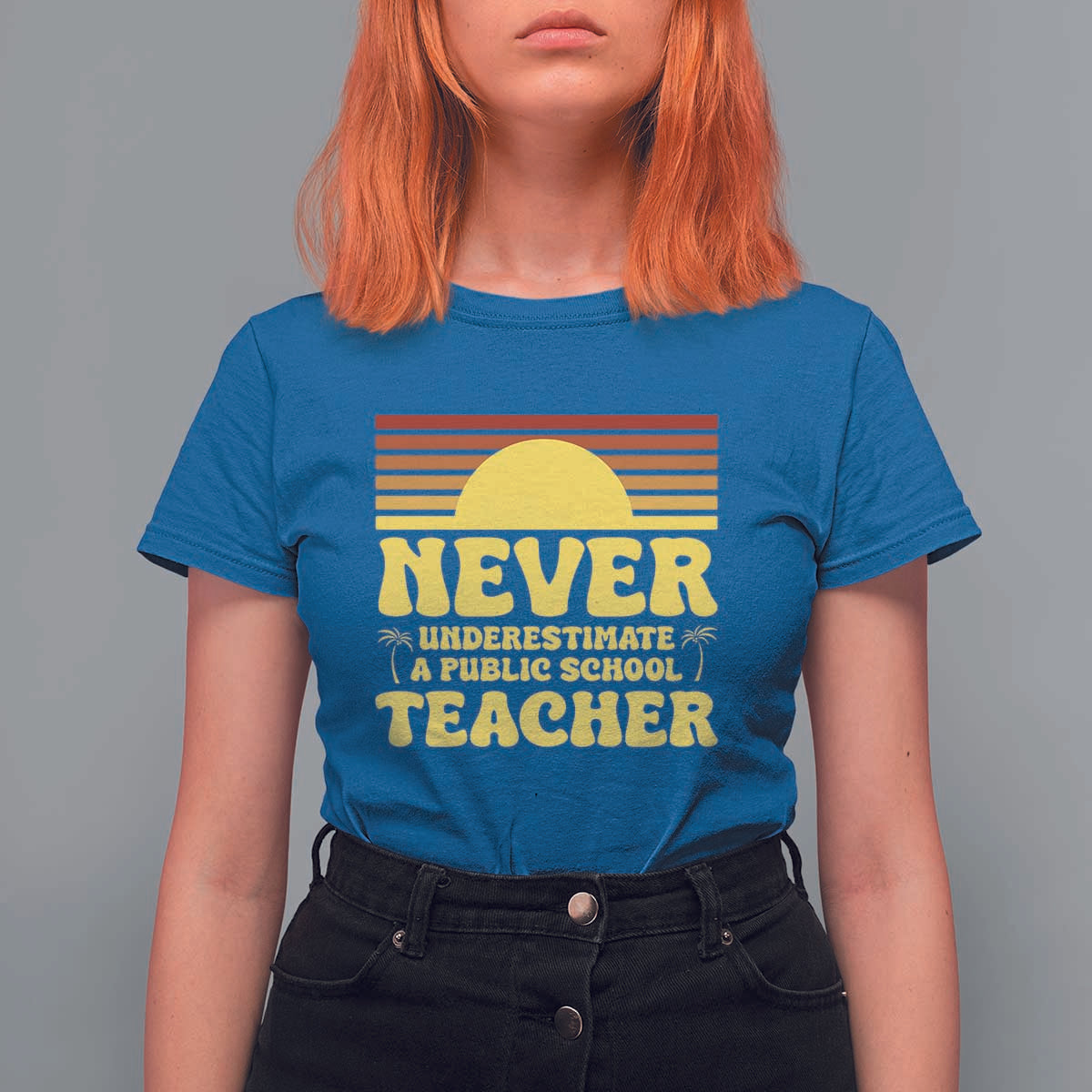 Harris Walz T Shirt For Women Never Underestimate A Public School Teacher Sunshine Coconut Tree - Wonder Print Shop