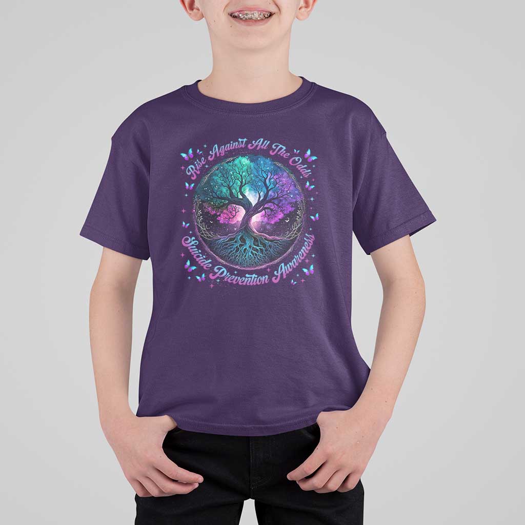 Suicide Prevention Awareness T Shirt For Kid Rise Against All The Odds Teal And Purple Tree Butterfly - Wonder Print Shop