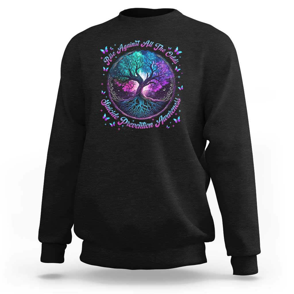 Suicide Prevention Awareness Sweatshirt Rise Against All The Odds Teal And Purple Tree Butterfly - Wonder Print Shop