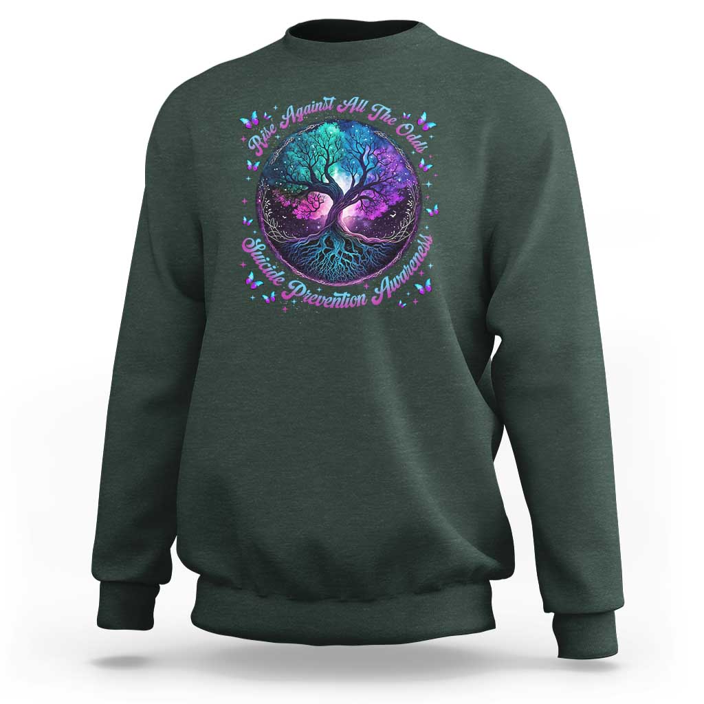 Suicide Prevention Awareness Sweatshirt Rise Against All The Odds Teal And Purple Tree Butterfly - Wonder Print Shop