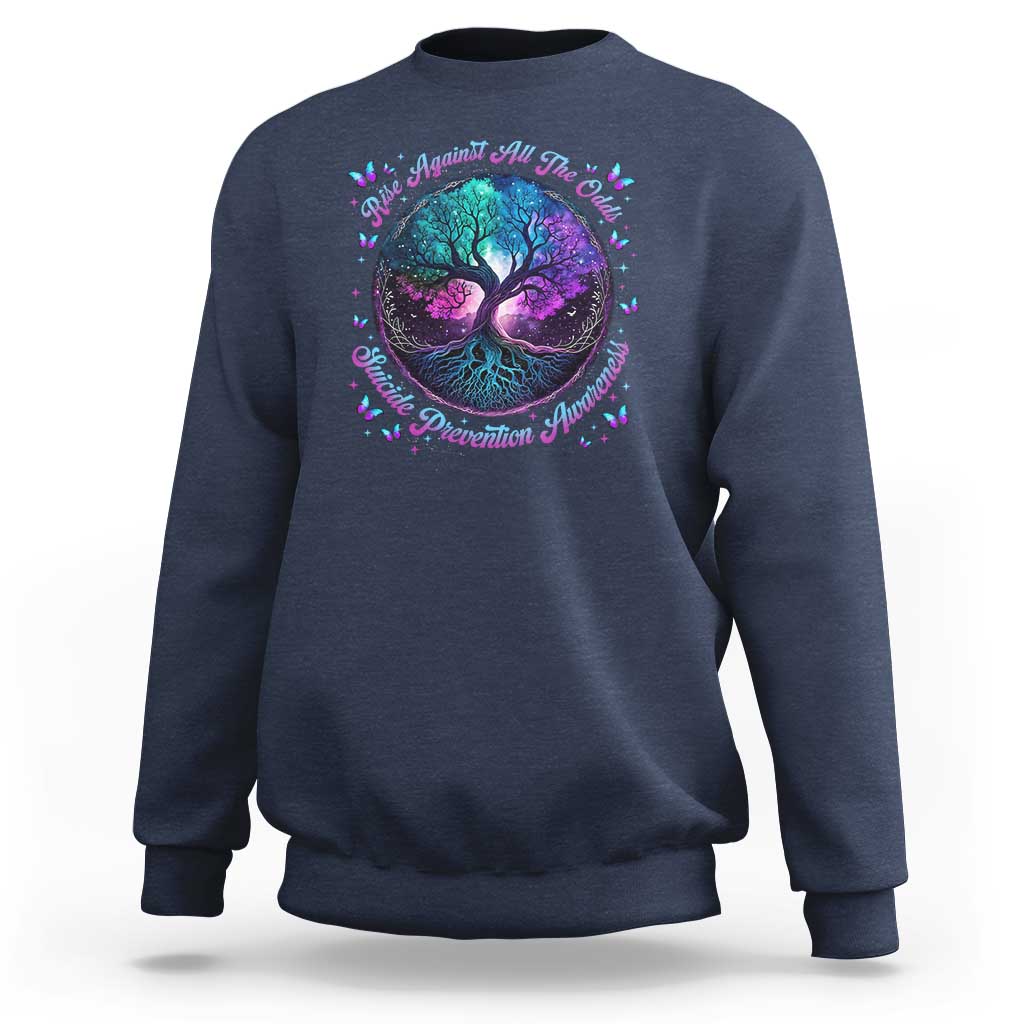 Suicide Prevention Awareness Sweatshirt Rise Against All The Odds Teal And Purple Tree Butterfly - Wonder Print Shop