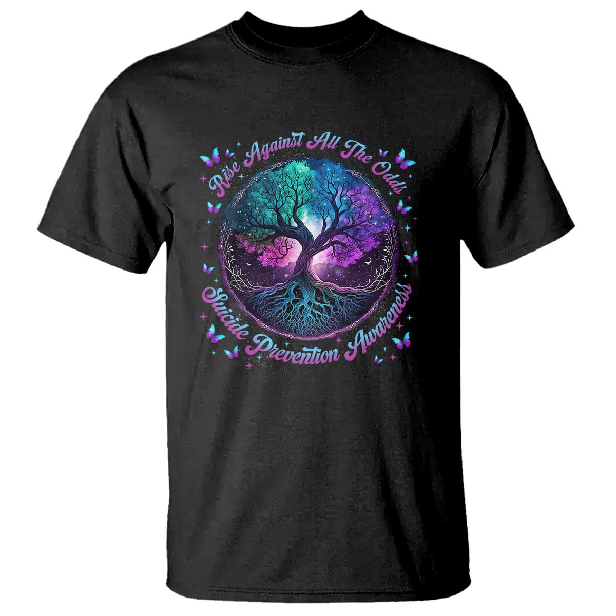 Suicide Prevention Awareness T Shirt Rise Against All The Odds Teal And Purple Tree Butterfly - Wonder Print Shop
