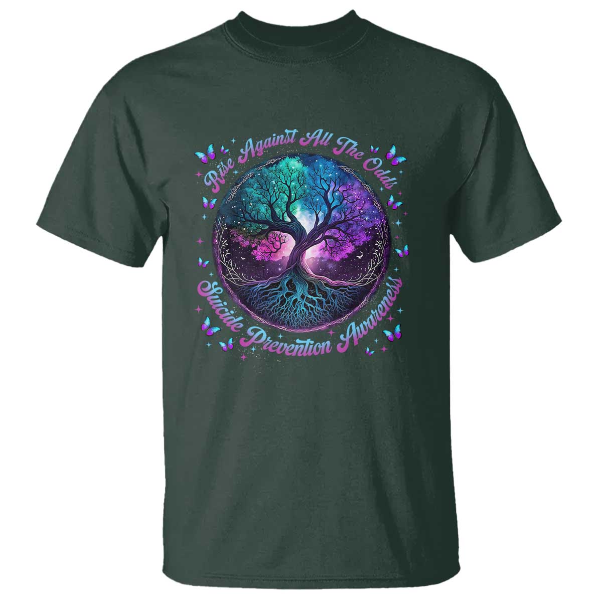 Suicide Prevention Awareness T Shirt Rise Against All The Odds Teal And Purple Tree Butterfly - Wonder Print Shop
