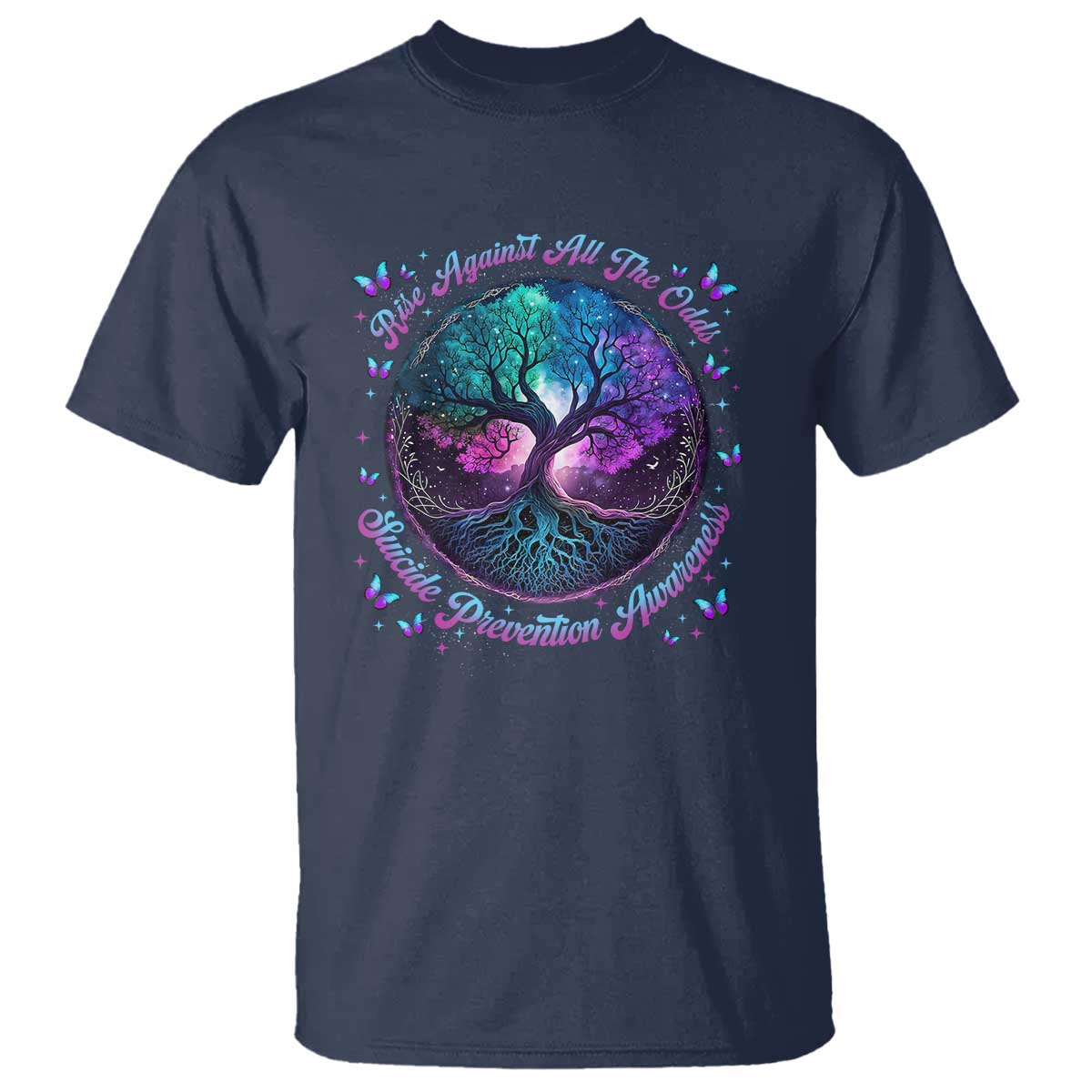 Suicide Prevention Awareness T Shirt Rise Against All The Odds Teal And Purple Tree Butterfly - Wonder Print Shop