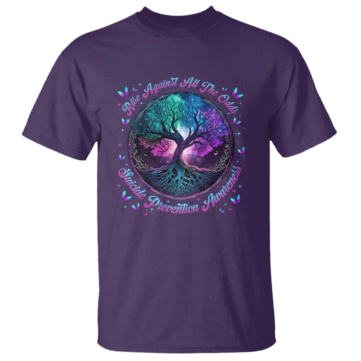 Suicide Prevention Awareness T Shirt Rise Against All The Odds Teal And Purple Tree Butterfly - Wonder Print Shop