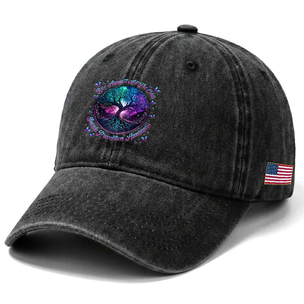 Suicide Prevention Awareness Washed Cotton Baseball Cap Rise Against All The Odds Teal And Purple Tree Butterfly