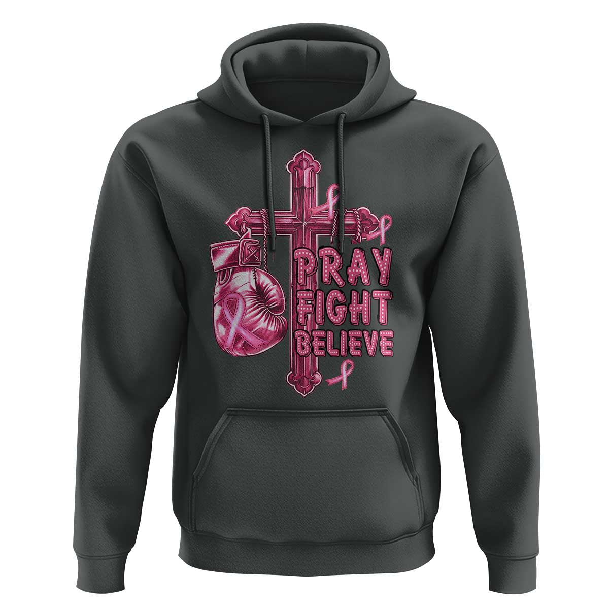 Breast Cancer Awareness Hoodie Pray Fight Believe Boxing Glove Cross Pink Ribbon - Wonder Print Shop