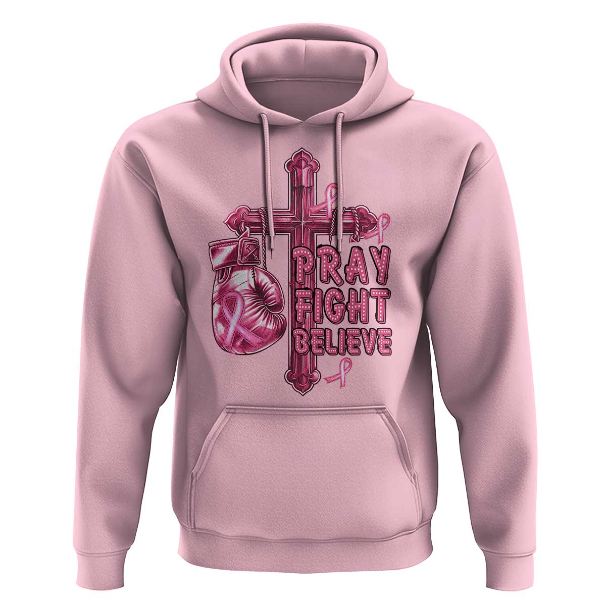 Breast Cancer Awareness Hoodie Pray Fight Believe Boxing Glove Cross Pink Ribbon - Wonder Print Shop