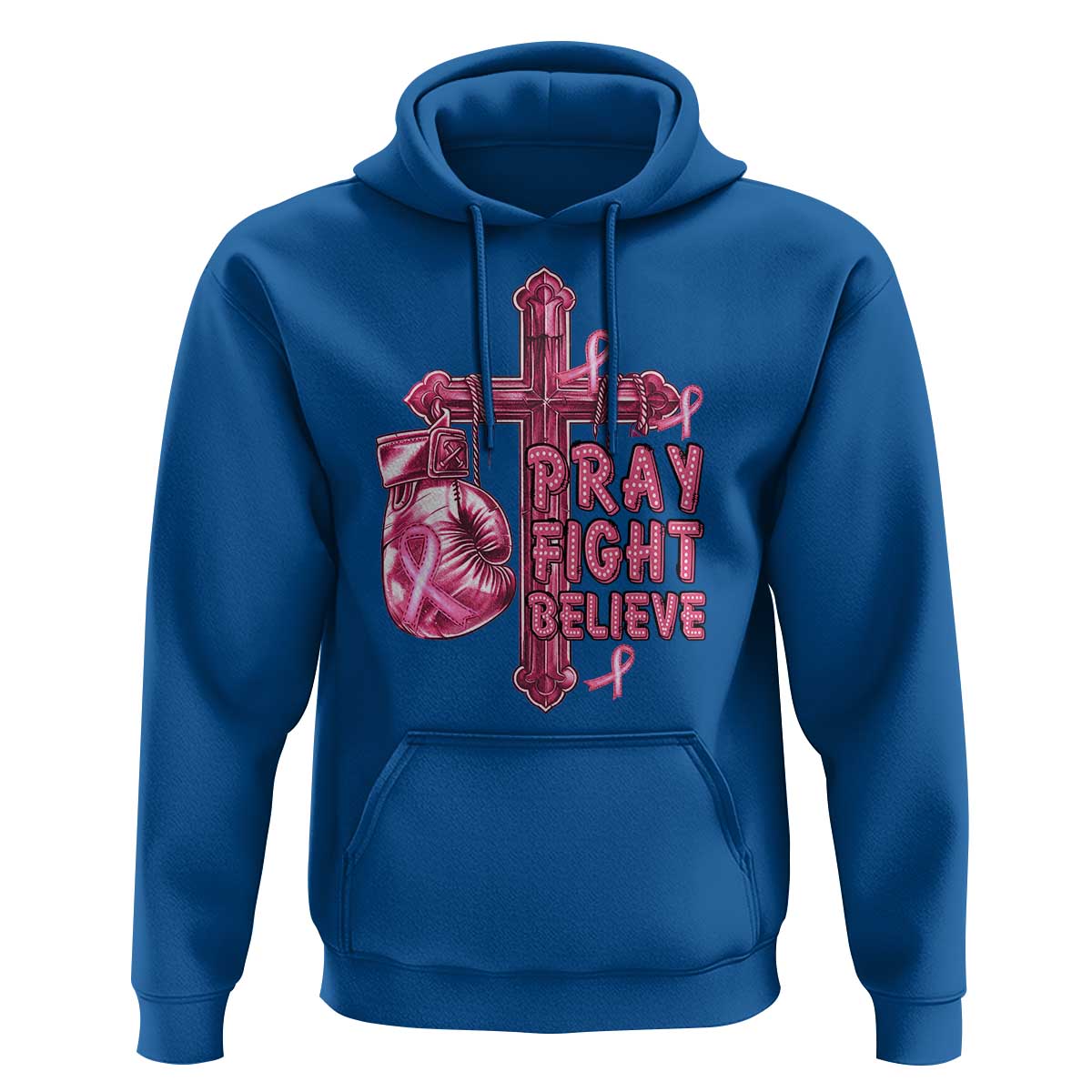 Breast Cancer Awareness Hoodie Pray Fight Believe Boxing Glove Cross Pink Ribbon - Wonder Print Shop