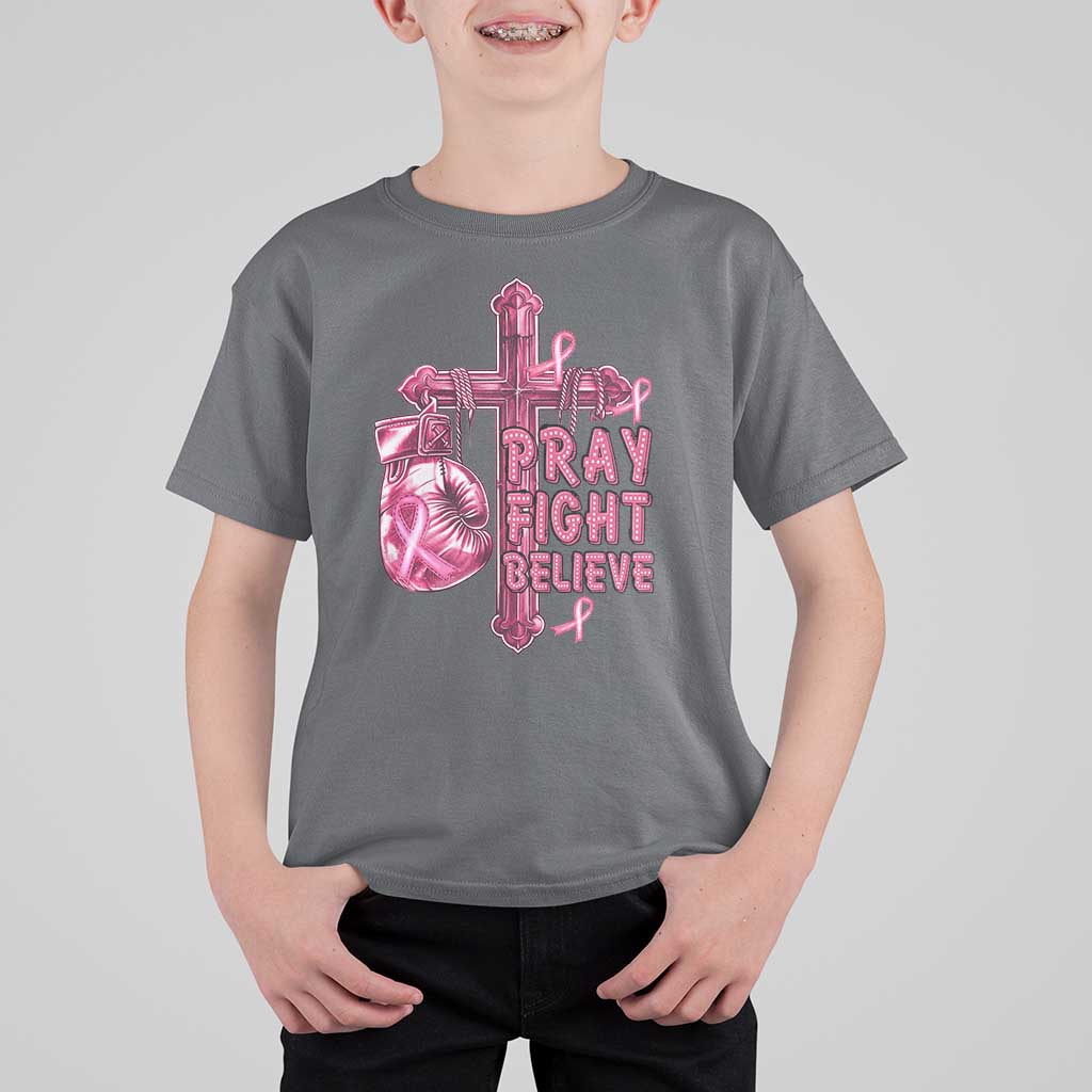 Breast Cancer Awareness T Shirt For Kid Pray Fight Believe Boxing Glove Cross Pink Ribbon - Wonder Print Shop