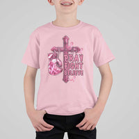 Breast Cancer Awareness T Shirt For Kid Pray Fight Believe Boxing Glove Cross Pink Ribbon - Wonder Print Shop