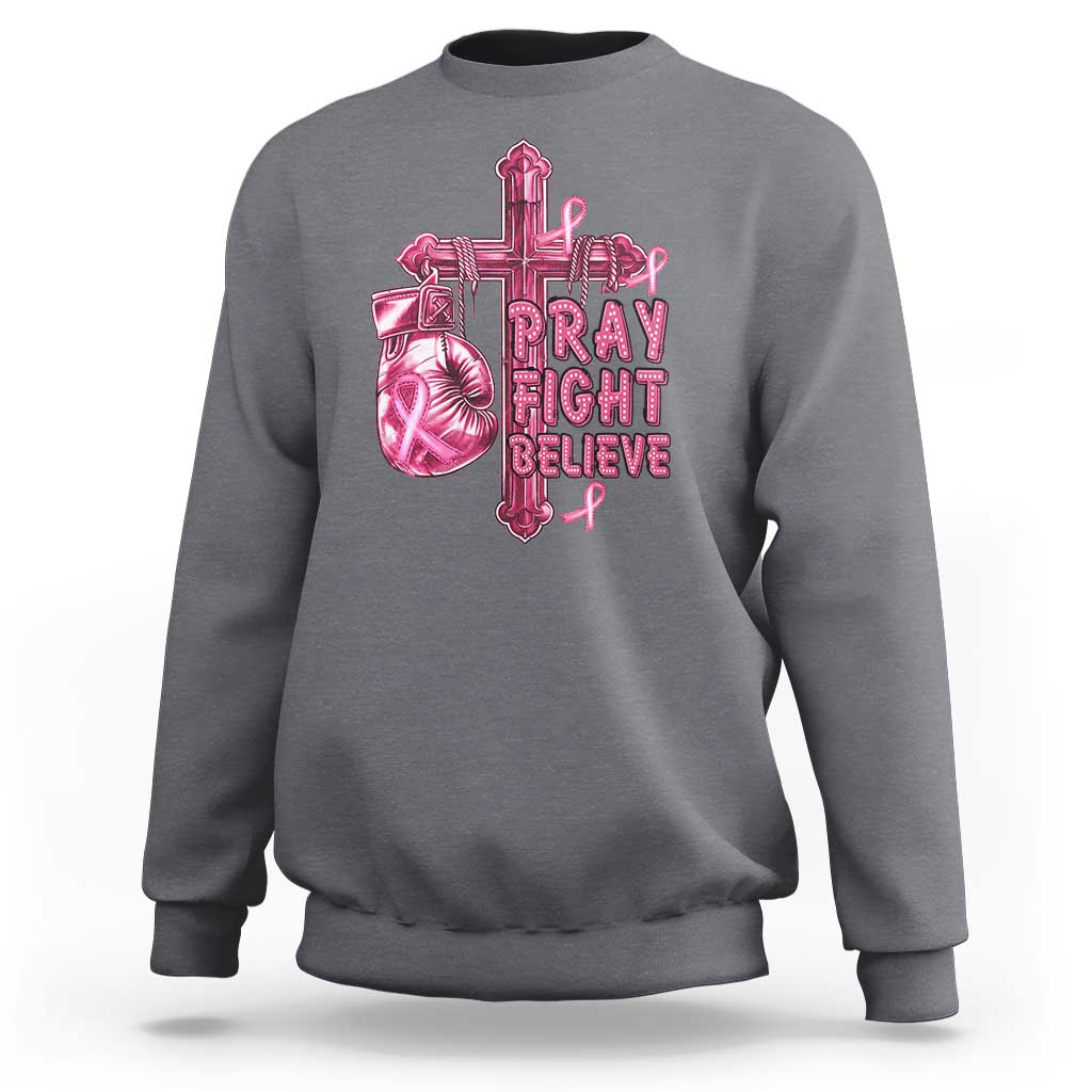 Breast Cancer Awareness Sweatshirt Pray Fight Believe Boxing Glove Cross Pink Ribbon - Wonder Print Shop