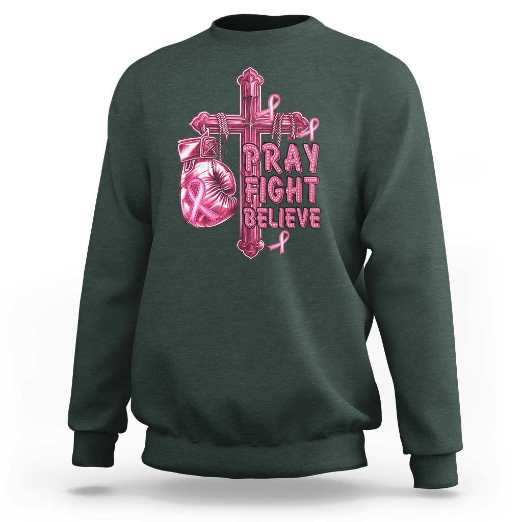 Breast Cancer Awareness Sweatshirt Pray Fight Believe Boxing Glove Cross Pink Ribbon - Wonder Print Shop