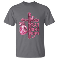 Breast Cancer Awareness T Shirt Pray Fight Believe Boxing Glove Cross Pink Ribbon - Wonder Print Shop