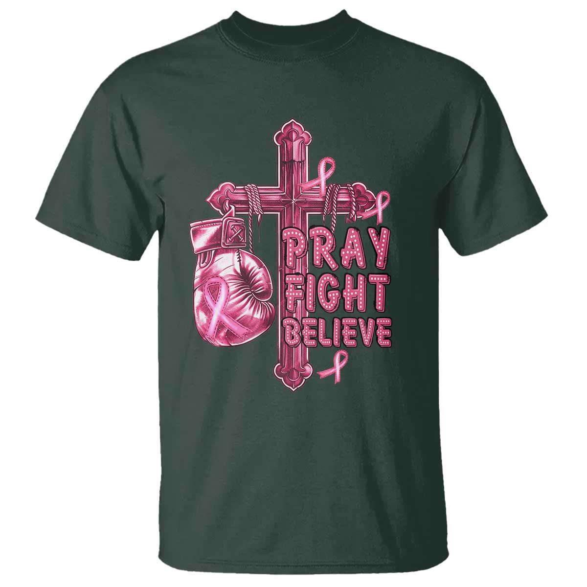 Breast Cancer Awareness T Shirt Pray Fight Believe Boxing Glove Cross Pink Ribbon - Wonder Print Shop