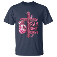 Breast Cancer Awareness T Shirt Pray Fight Believe Boxing Glove Cross Pink Ribbon - Wonder Print Shop