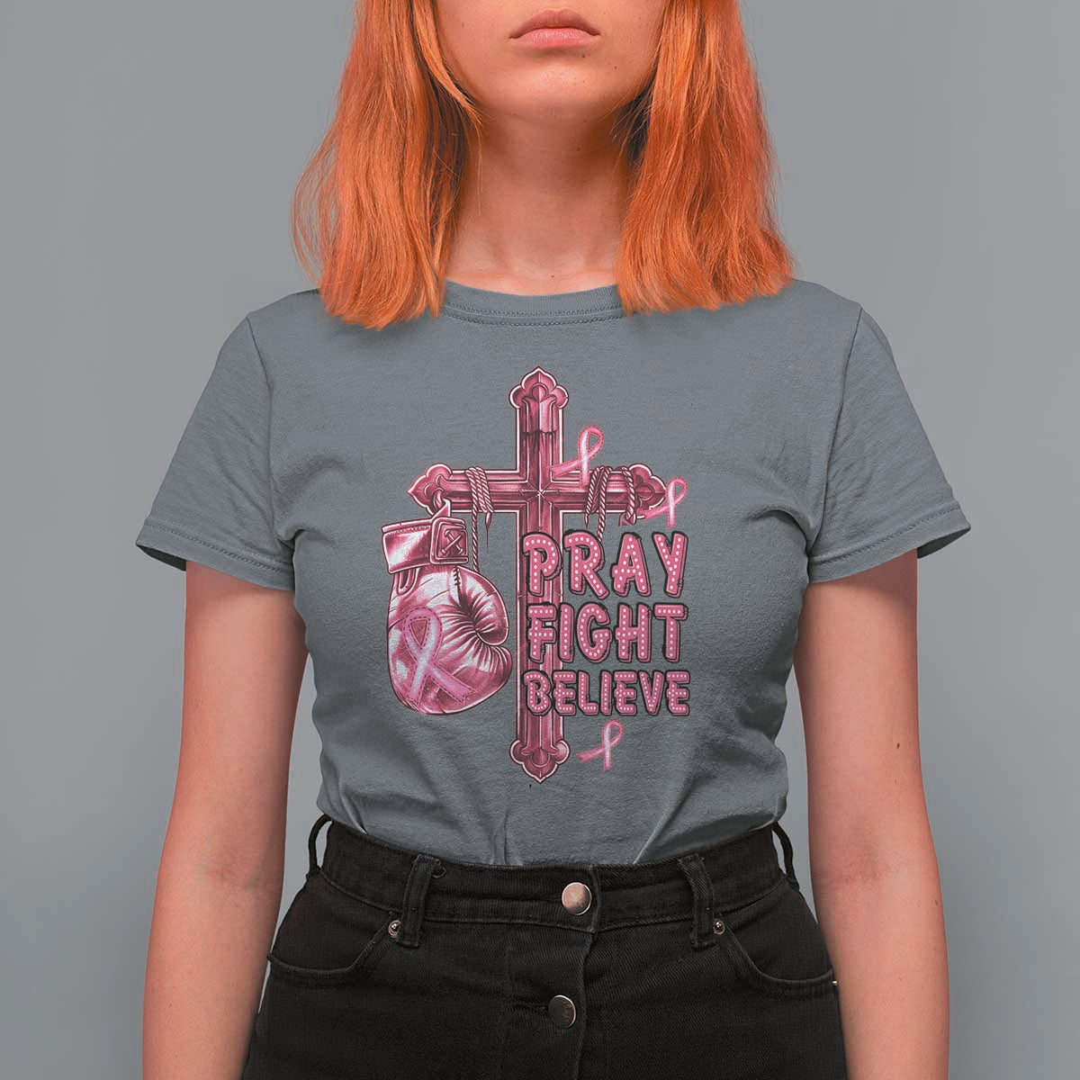 Breast Cancer Awareness T Shirt For Women Pray Fight Believe Boxing Glove Cross Pink Ribbon - Wonder Print Shop
