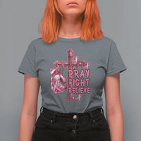 Breast Cancer Awareness T Shirt For Women Pray Fight Believe Boxing Glove Cross Pink Ribbon - Wonder Print Shop